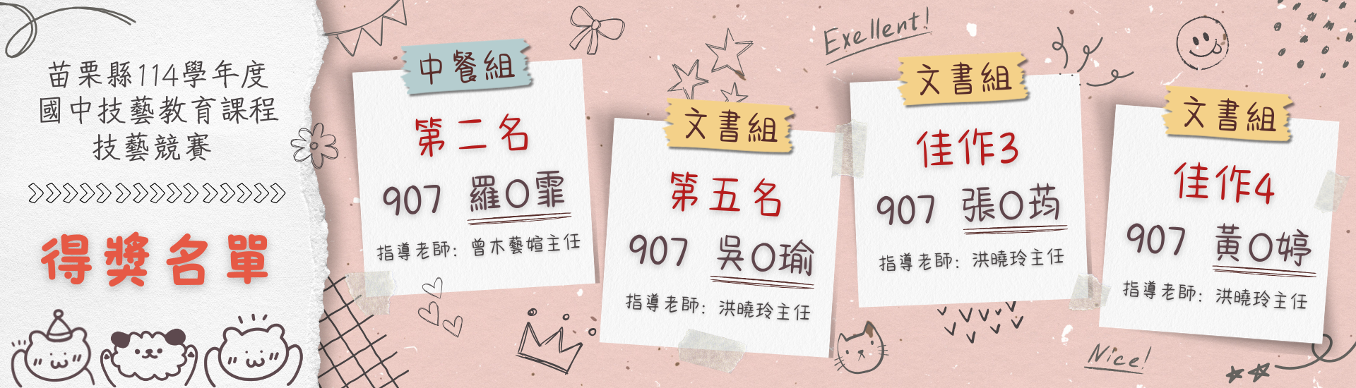 114學年度君毅國中部九年級學生參加技藝競賽得獎名單